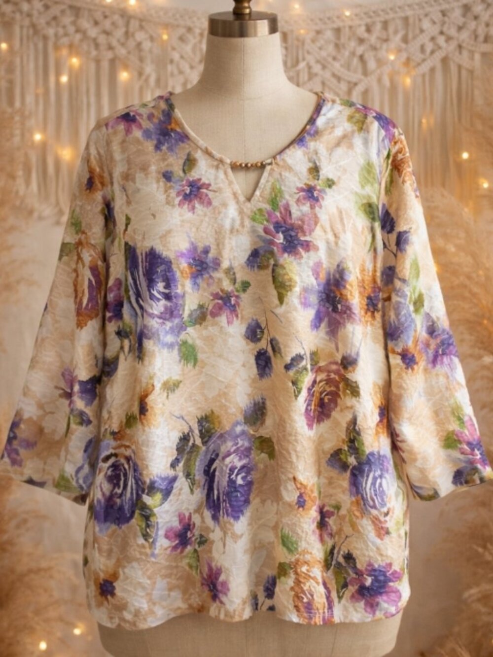 Alfred Dunner Beaded Neckline Floral Blouse Top Shirt Plus 1X Boho Cottagecore